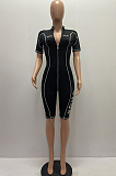Black Modest Polyester Letter Short Sleeve Front Zipper Bodycon Jumpsuit YS367
