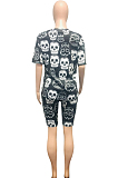 Black Casual Polyester Skull Pattern Letter Short Sleeve Round Neck Tee Top Capris Pants Sets NK129