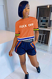 Black Casual Letter Short Sleeve Round Neck Tee Top Shorts Sets F8273