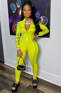 Yellow Modest Polyester Letter Long Sleeve Front Zipper Bodycon Jumpsuit YS368