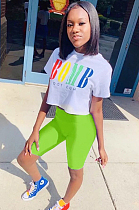 Fluorescent Green Casual Polyester Letter Short Sleeve Round Neck Tee Top Capris Pants Sets FM6077