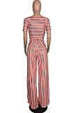 Red Casual Striped Short Sleeve Round Neck Tee Top Wide Leg Pants Sets WA5001