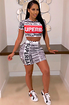 White Casual Polyester Paper Graphic Short Sleeve Round Neck Tee Top Bodycon Skirt Sets CY1192