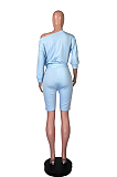 Light Blue Casual Polyester Half Sleeve Off Shoulder Knot Side Tee Top Shorts Sets WA5108