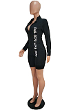 Black Casual Polyester Letter Long Sleeve Bodycon Jumpsuit CY1085