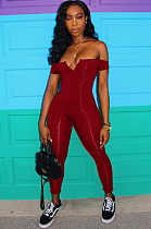 Wine Red Sexy Polyester Sleeveless V Neck Tube Jumpsuit CY1049
