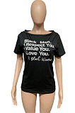 Black Casual Polyester Letter Short Sleeve Round Neck Tee Top FM6132