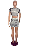 Dark Blue Casual Polyester Paper Graphic Short Sleeve Round Neck Tee Top Bodycon Skirt Sets CY1192