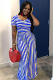 Blue Casual Striped Short Sleeve Round Neck Tee Top Wide Leg Pants Sets WA5001