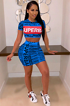 Dark Blue Casual Polyester Paper Graphic Short Sleeve Round Neck Tee Top Bodycon Skirt Sets CY1192