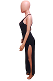 Black Sexy Polyester Sleeveless V Neck Zip Back Split Hem Ruffle Cami Jumpsuit OS1848
