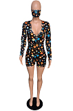 Black Sexy Polyester Star Graphic Long Sleeve Deep V Neck Bodycon Jumpsuit FM6129