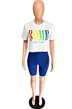 Fluorescent Green Casual Polyester Letter Short Sleeve Round Neck Tee Top Capris Pants Sets FM6077