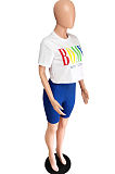 White Casual Polyester Letter Short Sleeve Round Neck Tee Top Capris Pants Sets FM6077