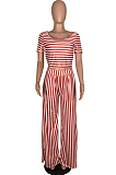 Red Casual Striped Short Sleeve Round Neck Tee Top Wide Leg Pants Sets WA5001