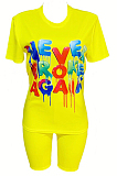 Yellow Casual Polyester Letter Short Sleeve Round Neck Tee Top Shorts Sets FM6125