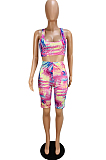 Multi Sexy Polyester Tie Dye Sleeveless Round Neck Knotted Strap Tank Top Skinny Pants Sets CY1106