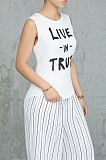 White Casual Polyester Letter Sleeveless Round Neck Tee Top CY1033