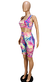 Multi Sexy Polyester Tie Dye Sleeveless Round Neck Knotted Strap Tank Top Skinny Pants Sets CY1106