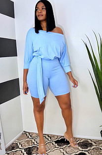 Light Blue Casual Polyester Half Sleeve Off Shoulder Knot Side Tee Top Shorts Sets WA5108