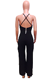 Black Sexy Polyester Sleeveless V Neck Zip Back Split Hem Ruffle Cami Jumpsuit OS1848