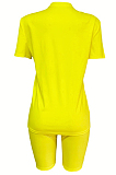 Yellow Casual Polyester Letter Short Sleeve Round Neck Tee Top Shorts Sets FM6125