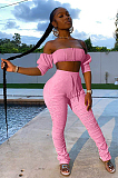 Pink Sexy Polyester Short Sleeve Ruffle Utility Blouse Long Pants Sets SH7187