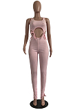 Pink Casual Polyester Sleeveless Round Neck Drawstring Waist Bodycon Jumpsuit CY1223