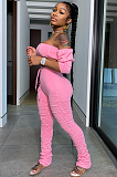 Pink Sexy Polyester Short Sleeve Ruffle Utility Blouse Long Pants Sets SH7187