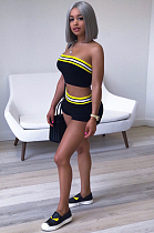 Black Sexy Polyester Striped Off Shoulder Bandeau Bra Mid Waist Shorts Sets FM6136