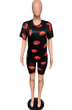 Black Casual Polyester Mouth Graphic Short Sleeve Round Neck Tee Top Capris Pants Sets FM6130