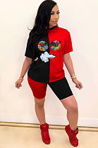 Black Casual Short Sleeve Round Neck Contrast Binding Tee Top Shorts Sets BBN066
