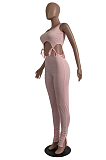 Pink Casual Polyester Sleeveless Round Neck Drawstring Waist Bodycon Jumpsuit CY1223