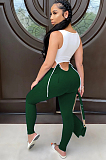 Green Casual Polyester Sleeveless Round Neck Waist Tie Tank Top Long Pants Sets ZS0291