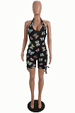 Black Sexy Polyester Animal Graphic Sleeveless Halterneck Knotted Strap Cami Jumpsuit SH7176