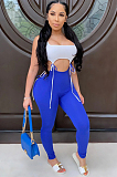 Blue Casual Polyester Sleeveless Round Neck Waist Tie Tank Top Long Pants Sets ZS0291