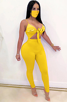 Yellow Sexy Polyester Sleeveless Tie Front Ruffle Cami Jumpsuit ZS0286