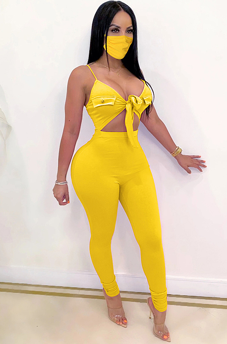 Yellow Sexy Polyester Sleeveless Tie Front Ruffle Cami Jumpsuit ZS0286