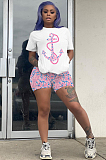 Cyan Casual Polyester Animal Graphic Short Sleeve Round Neck Tee Top Shorts Sets ML7333
