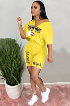 Yellow Casual Polyester Mouth Graphic Short Sleeve Tee Top Shorts Sets RB3063