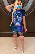 Casual Polyester Animal Graphic Short Sleeve Round Neck Ripped Tee Top Shorts Sets ML7337