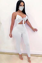 White Sexy Polyester Sleeveless Tie Front Ruffle Cami Jumpsuit ZS0286