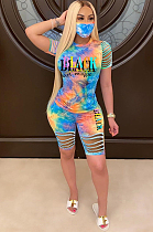 Blue Casual Polyester Tie Dye Letter Short Sleeve Round Neck Tee Top Shorts Sets RB3072