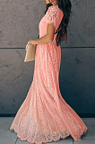 Pink Elegant Short Sleeve V Neck Hollow Out Guipure Lace High Waist Long Dress NS5638