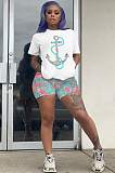 Cyan Casual Polyester Animal Graphic Short Sleeve Round Neck Tee Top Shorts Sets ML7333