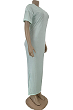 Blue Casual Polyester Short Sleeve Round Neck Split Hem Long Dress DN8503