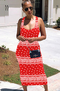 Red Sexy Polyester Sleeveless Square Neck Backless Knotted Strap High Waist Tank Dress SH7177