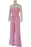 Pink Casual Polyester Sleeveless Drawstring Waist Ruffle Tube Jumpsuit ZS0285
