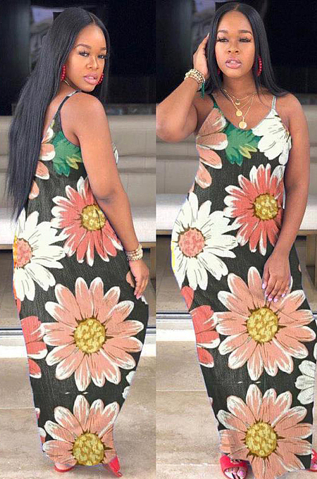 Brown Casual Polyester Floral Sleeveless Round Neck Slip Dress  WA5012