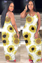 Yellow Casual Polyester Floral Sleeveless Round Neck Slip Dress  WA5012